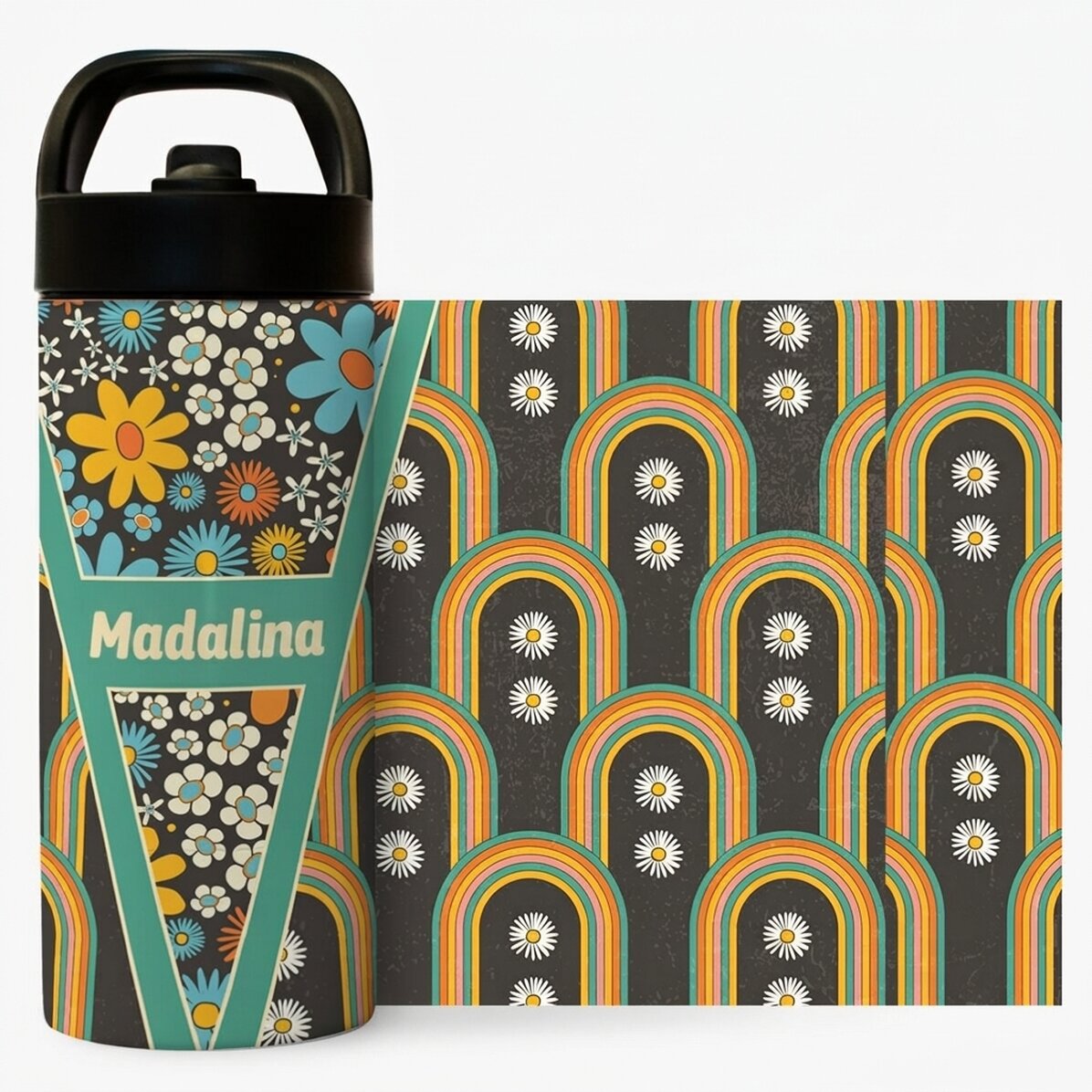 Thermos with handle and straw personalised with name - Flowers and rainbow