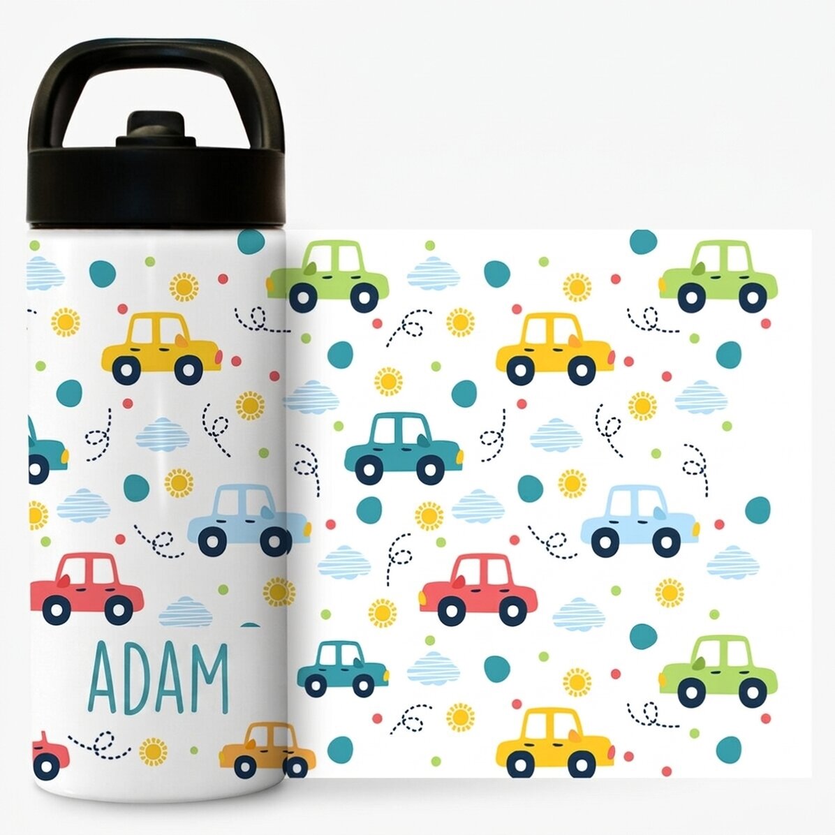 Thermos with handle and straw personalised with name - Cars