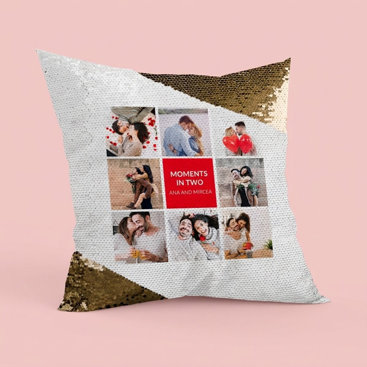 Personalised cushion with 8 photos and text - Gold Sequins