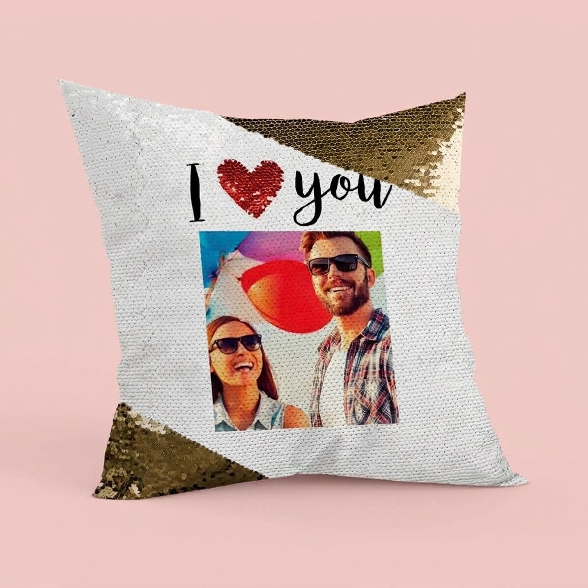 Personalised cushion with a photo - I love you - Gold sequins