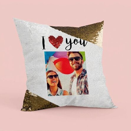 Personalised cushion with a photo - I love you - Gold sequins