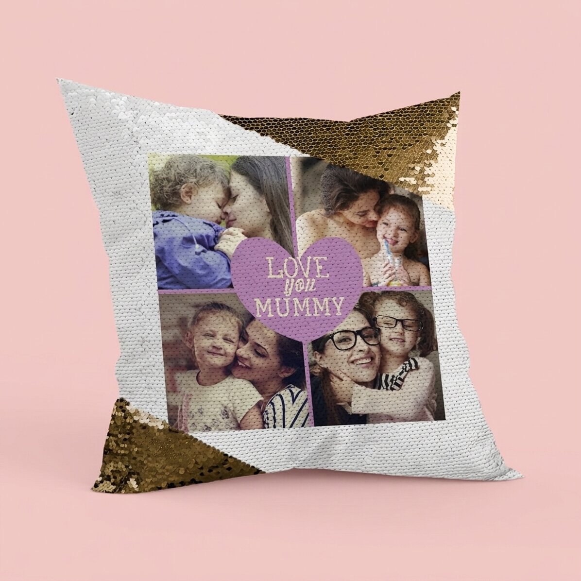 Personalised cushion with 4 photos and text - Gold sequins