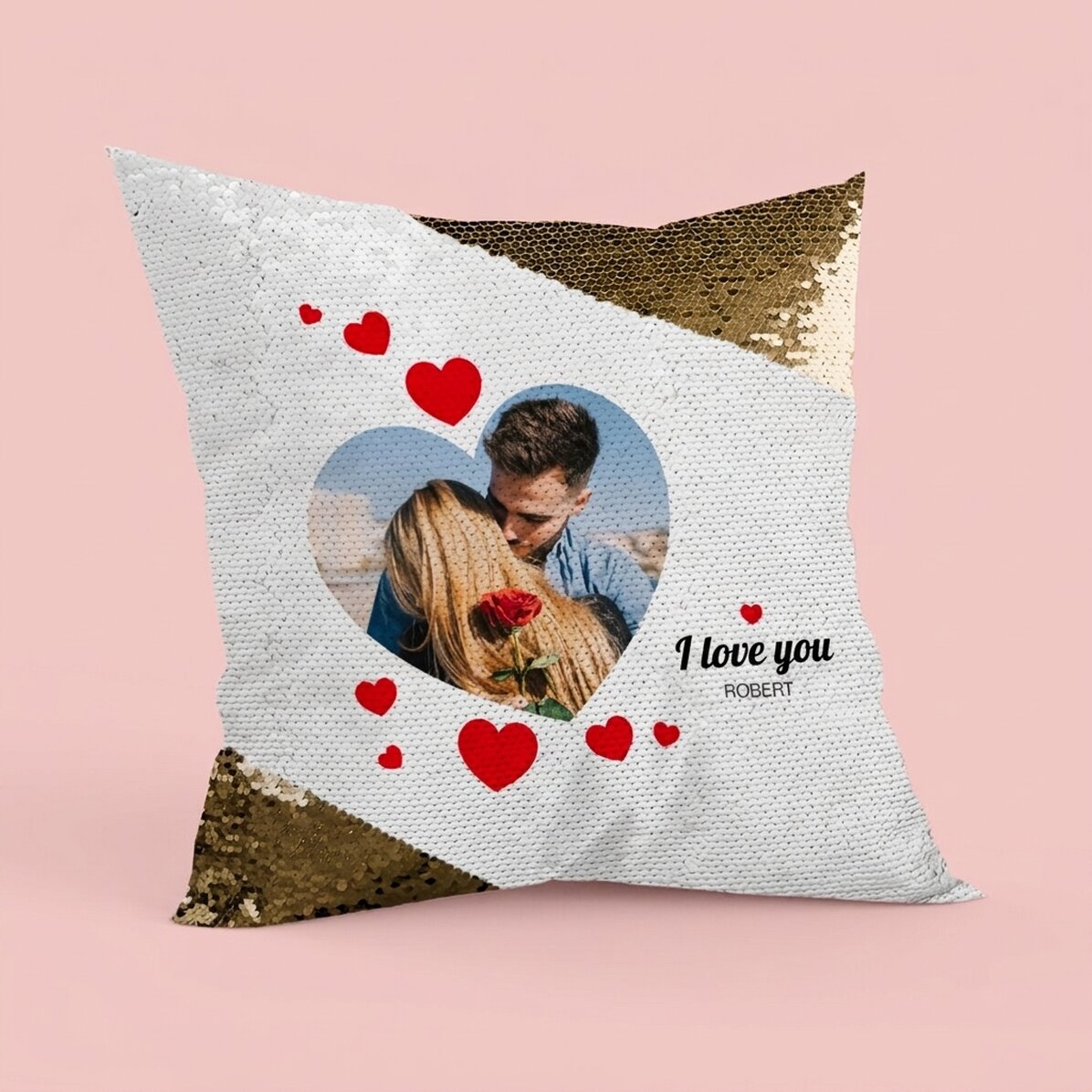 Personalised cushion with a photo - P.S. I love you - Gold sequins