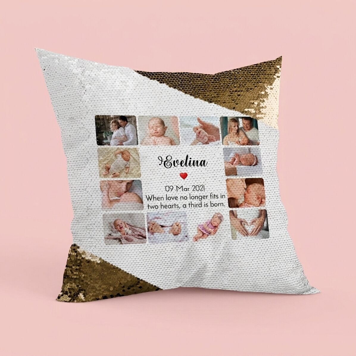 Personalised cushion with 12 photos and text - Baby Gold sequins