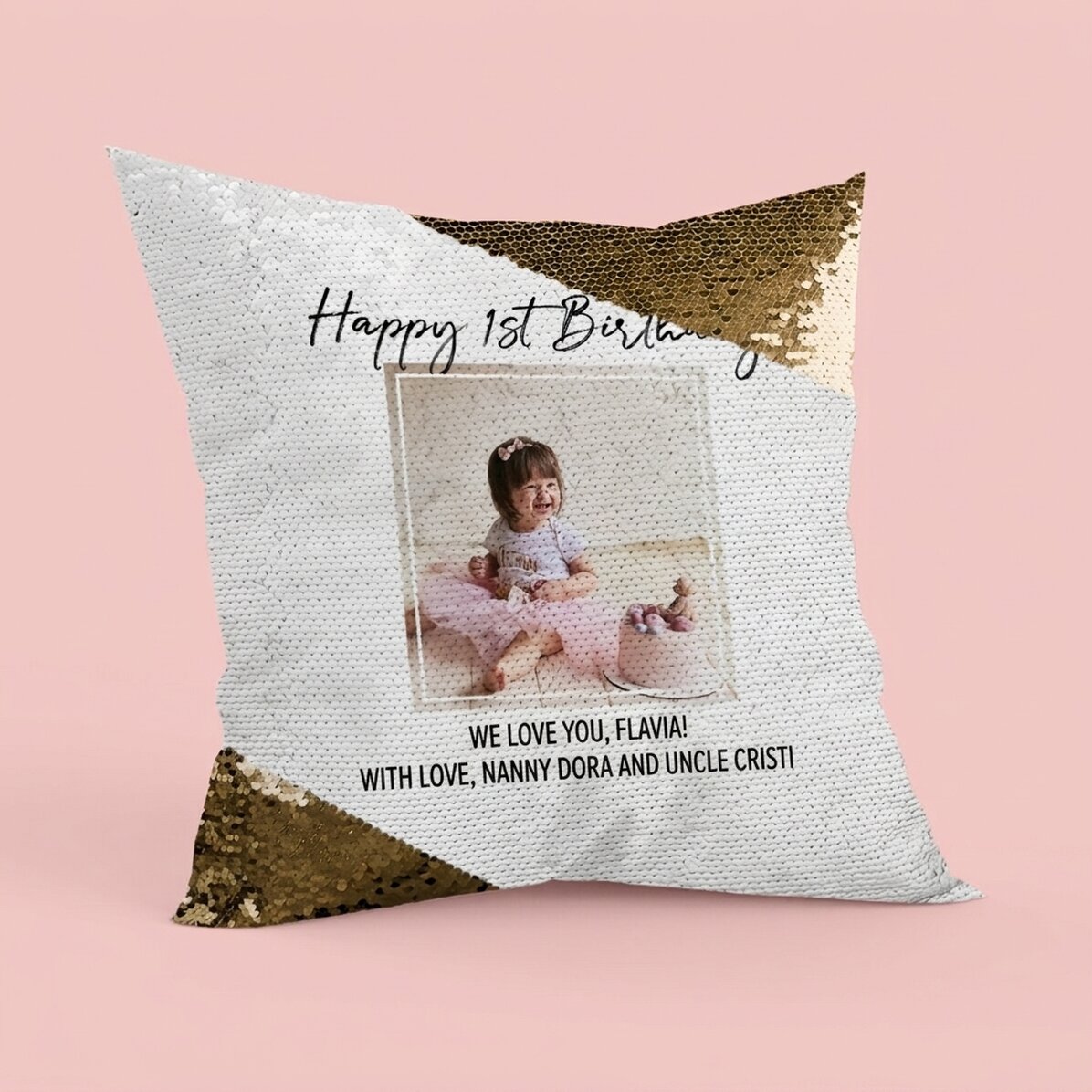 Personalised cushion with photo and text - Happy Birthday - Gold glitter