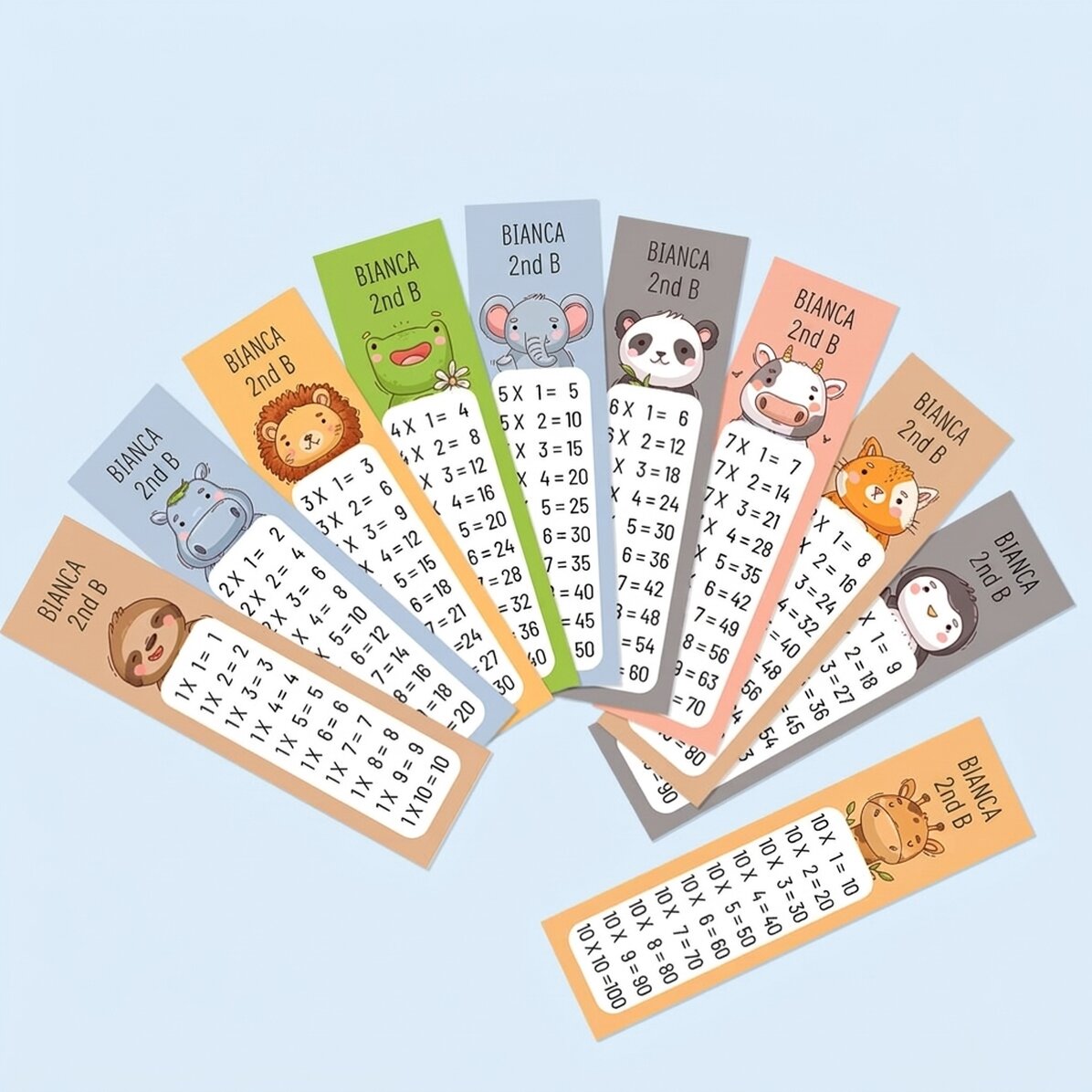 Set of 10 personalised bookmarks with text - Multiplication table