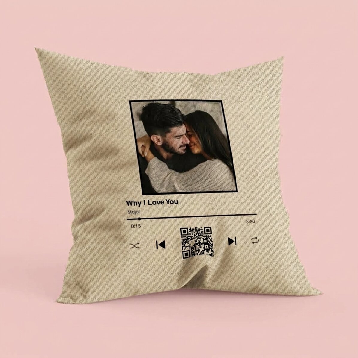 Personalised cushion with a photo, text and QR code - Our song - In
