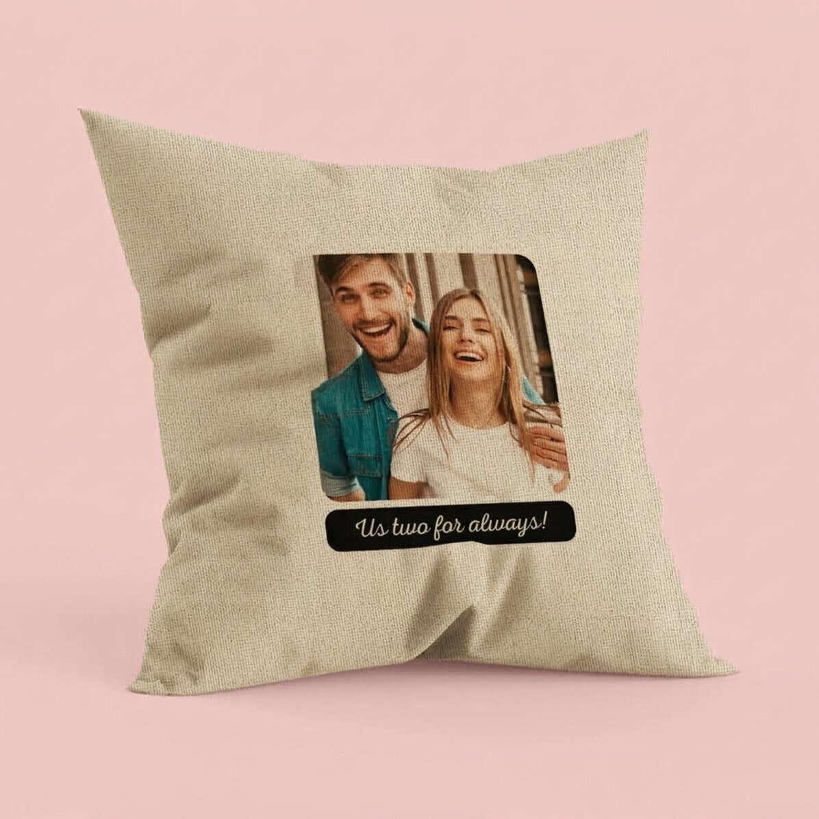 Personalised cushion with a square photo and text - Forever - In