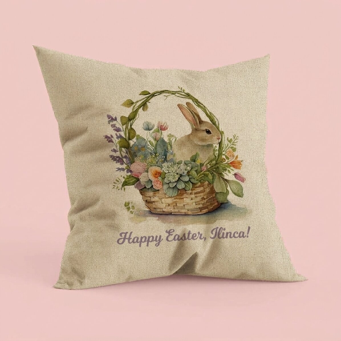 Personalised cushion with text – Happy Easter – In