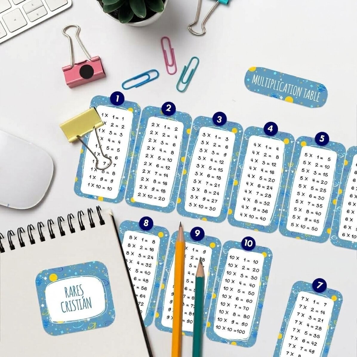 Set of 12 stickers (self-adhesive labels) personalised with text and multiplication table - Space