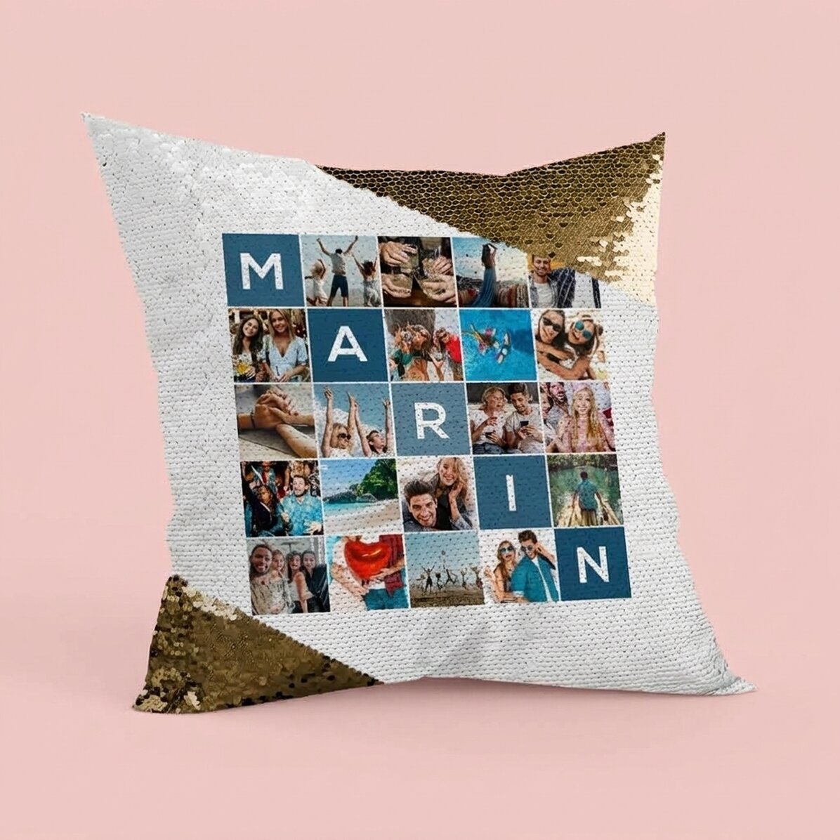 Personalised cushion with 20 photos and a 5-letter name – Gold sequins