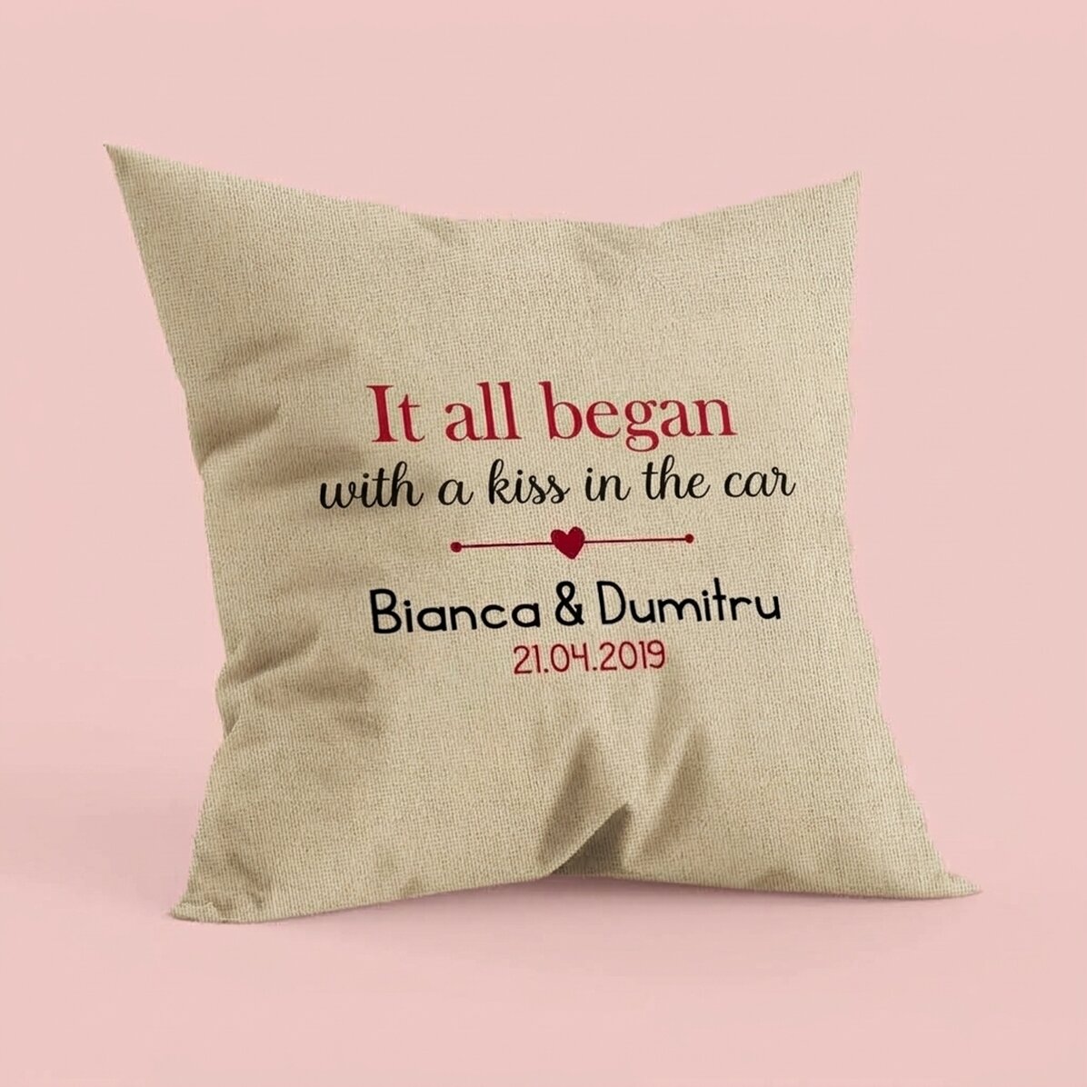 Personalised cushion with text – Where it all began – In