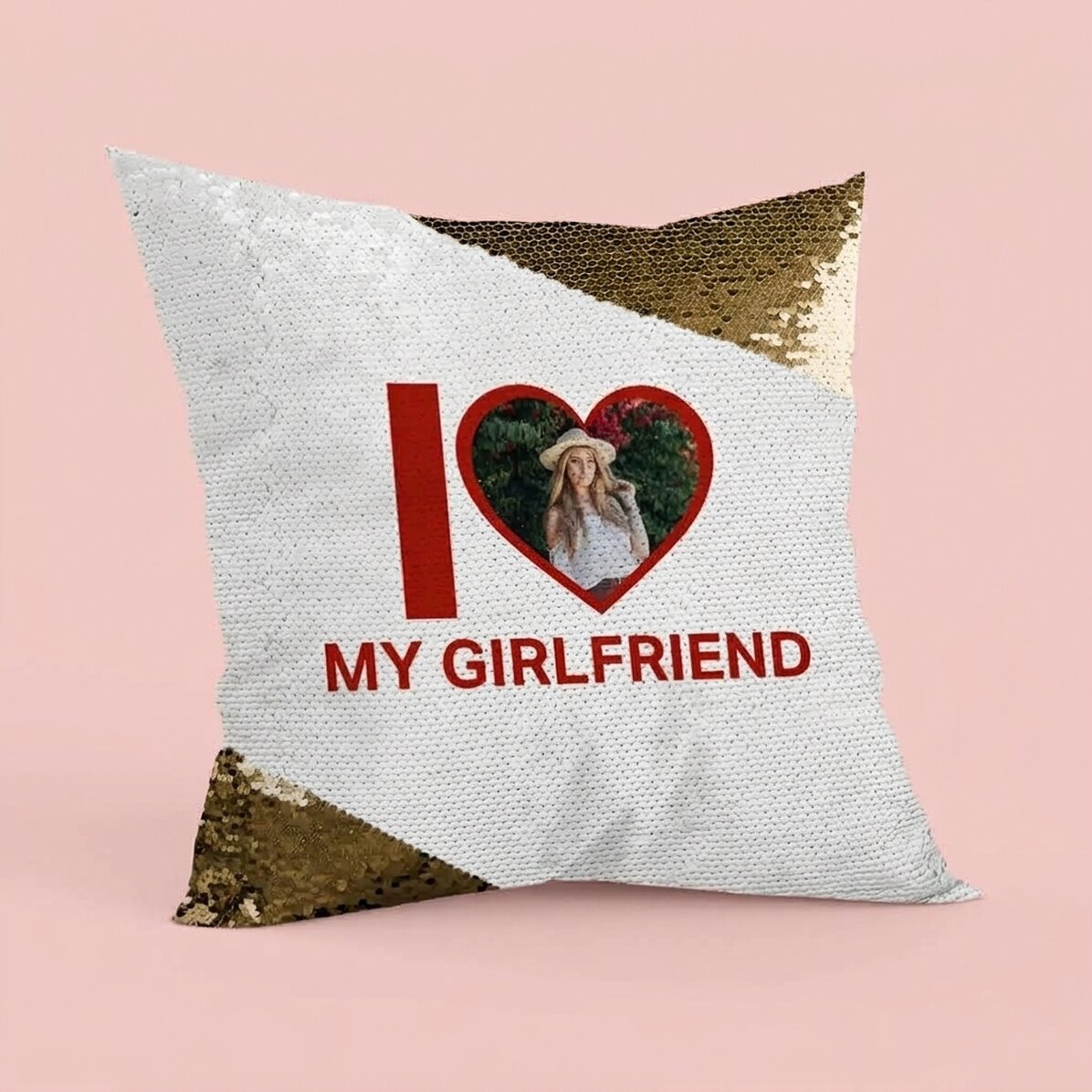 Personalised cushion with photo and text – I love my girlfriend – Gold sequins
