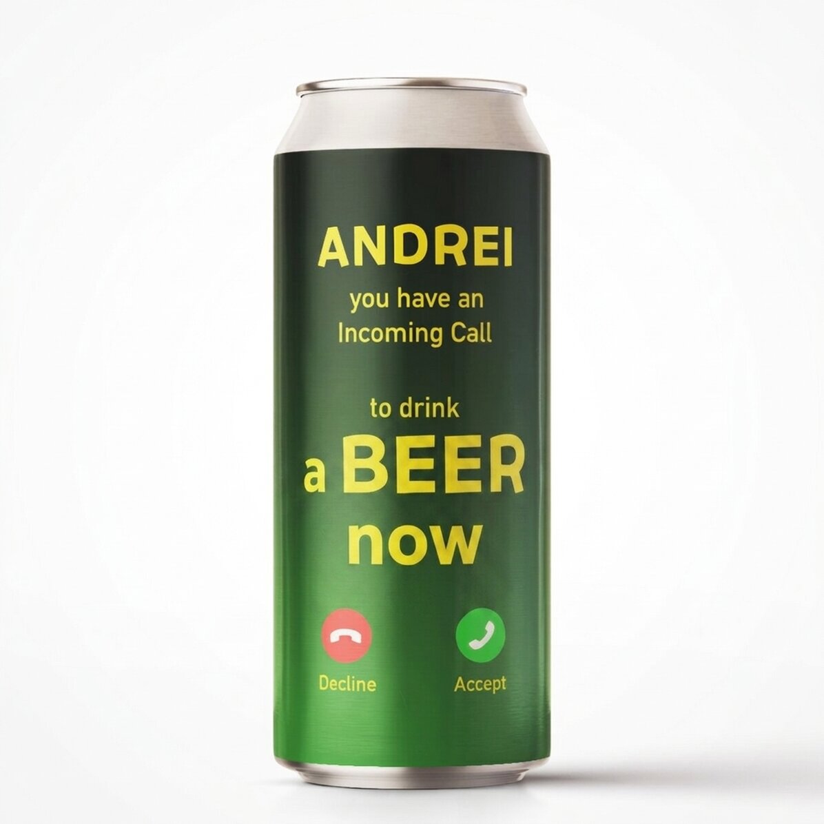 Personalised beer can with text - Incoming call