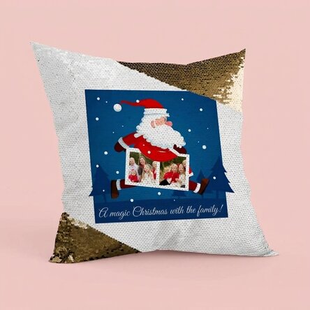 Personalised cushion with two photos and text - Santa Claus - Gold sequins
