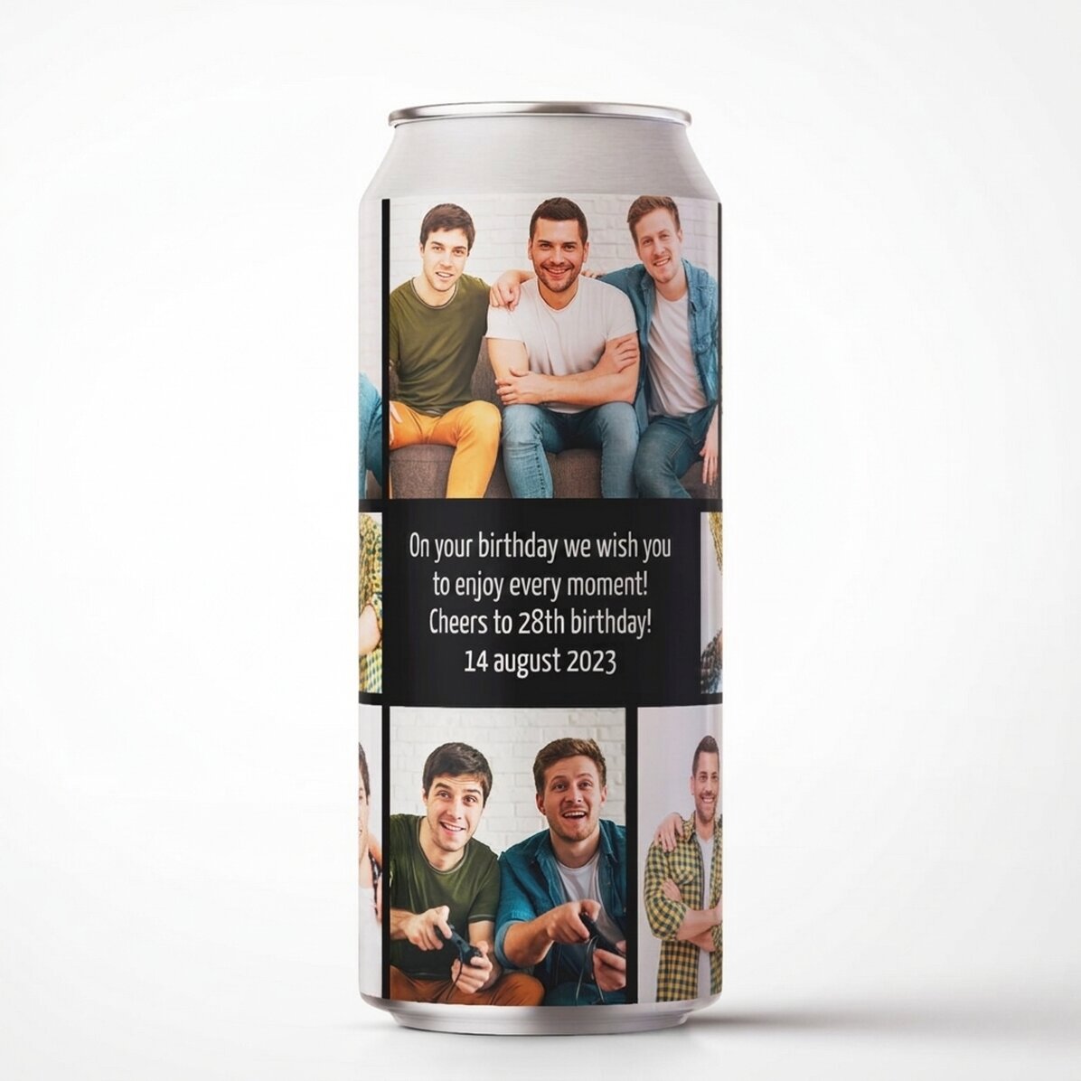 Personalised beer can with message and photo collage