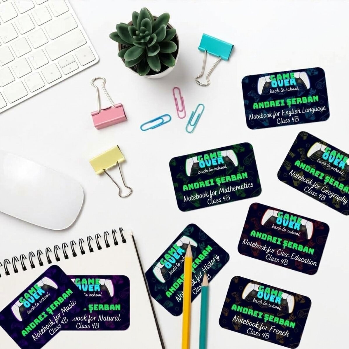 Set of 8 customised stickers (self-adhesive labels) for school with text - Game Over