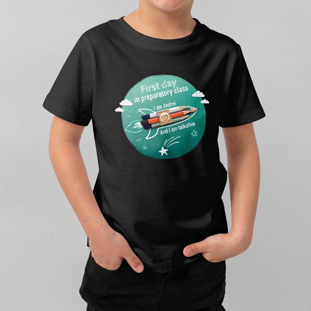 Cotton T-shirt for boys, personalised with text - First day in preparatory class