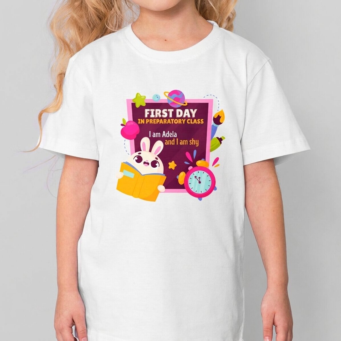 Cotton T-shirt for girls, personalised with text - First day in preparatory class