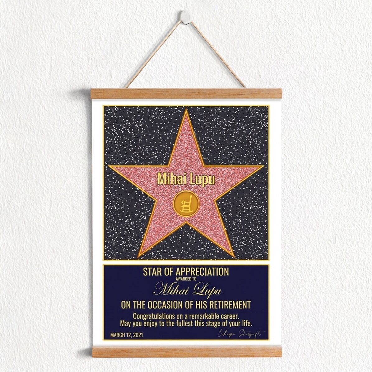 Personalised poster with hooks and text - Star of gratitude for retirement