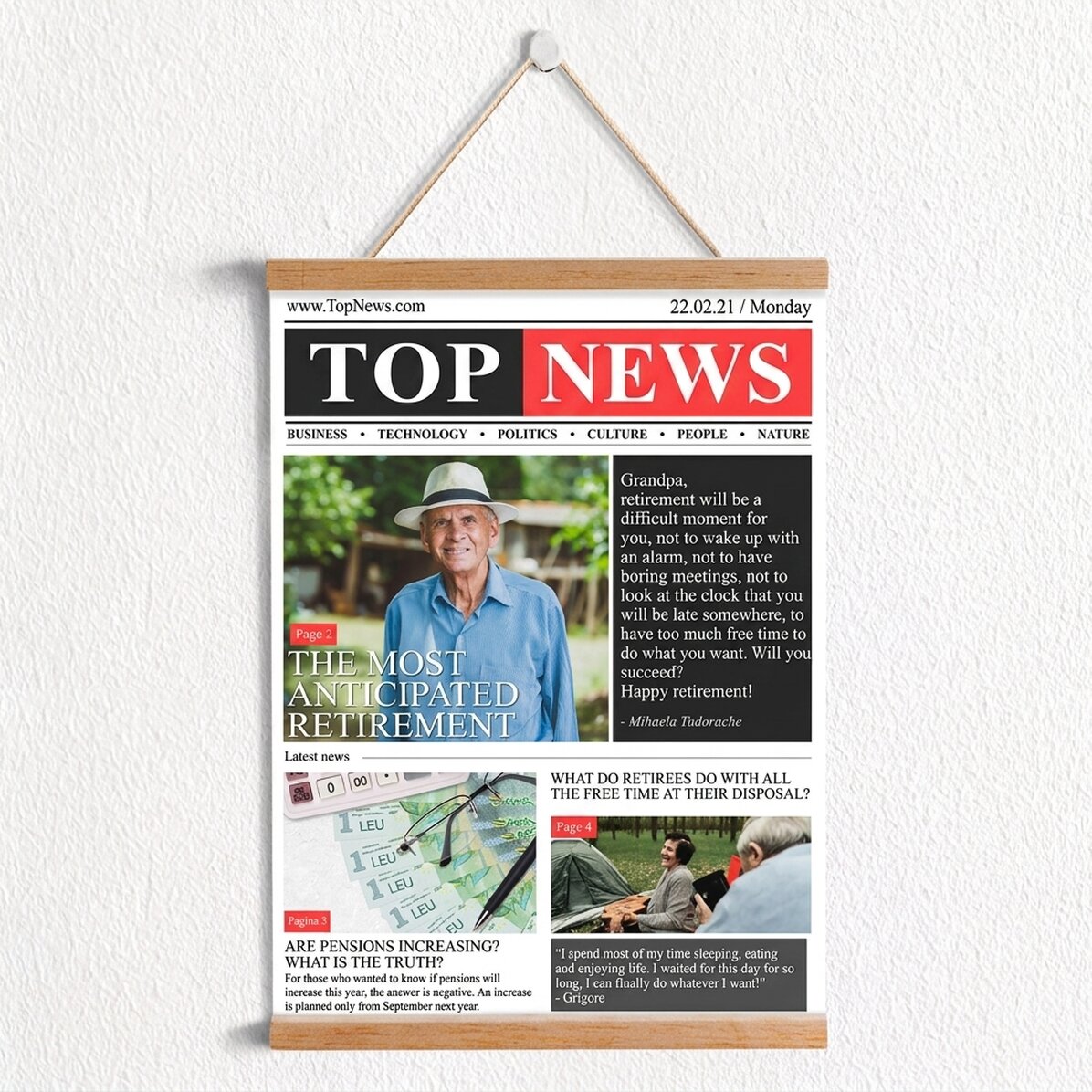 Personalised poster with hooks, featuring a photo and text - Retirement, news of the day