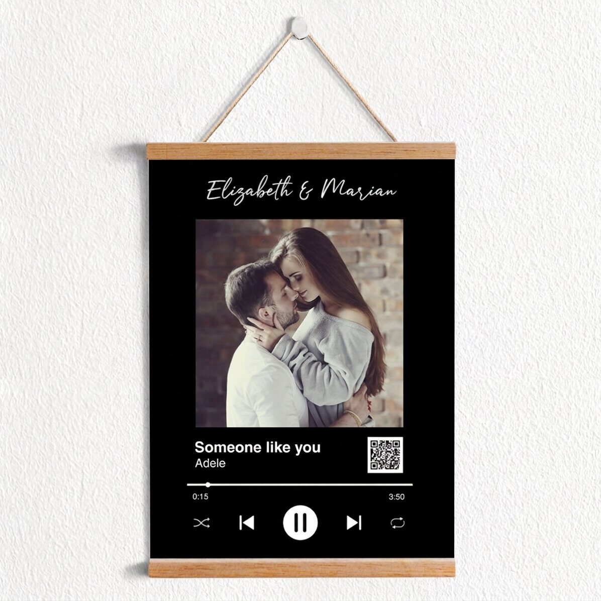 Personalised poster with hooks, featuring a photo, text and QR code - Our song