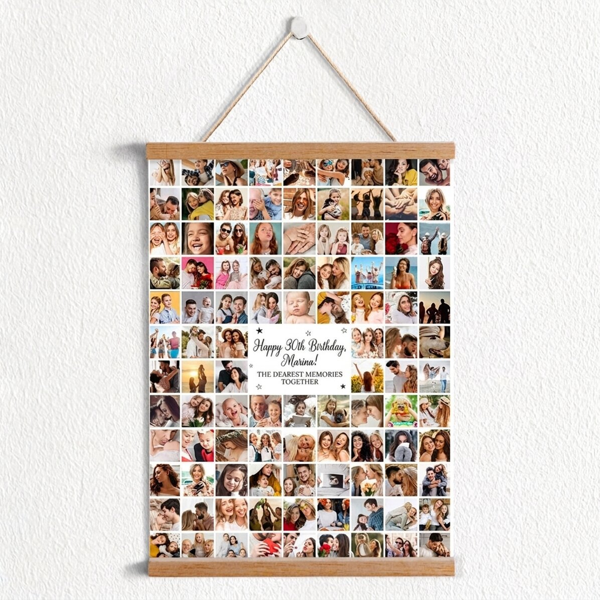 Personalised poster with hangers featuring 102 photos and a table