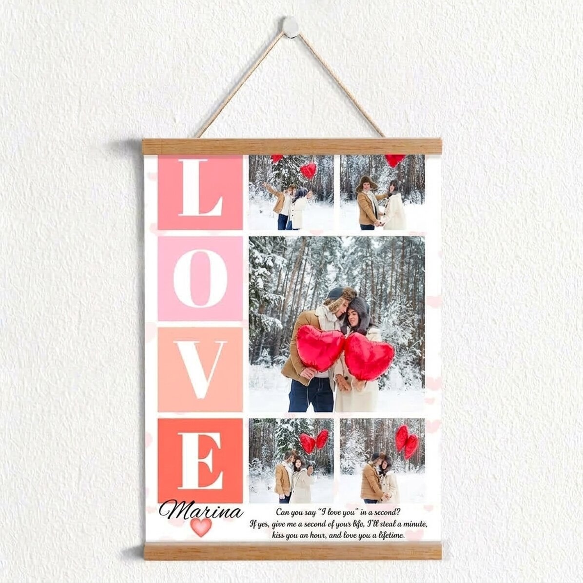 Personalised poster with hangers, 5 photos and a message for lovers