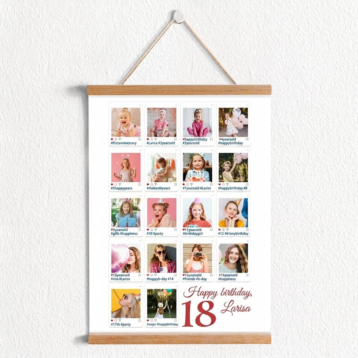Personalised poster with hangers featuring 18 photos and a message - #Instagram