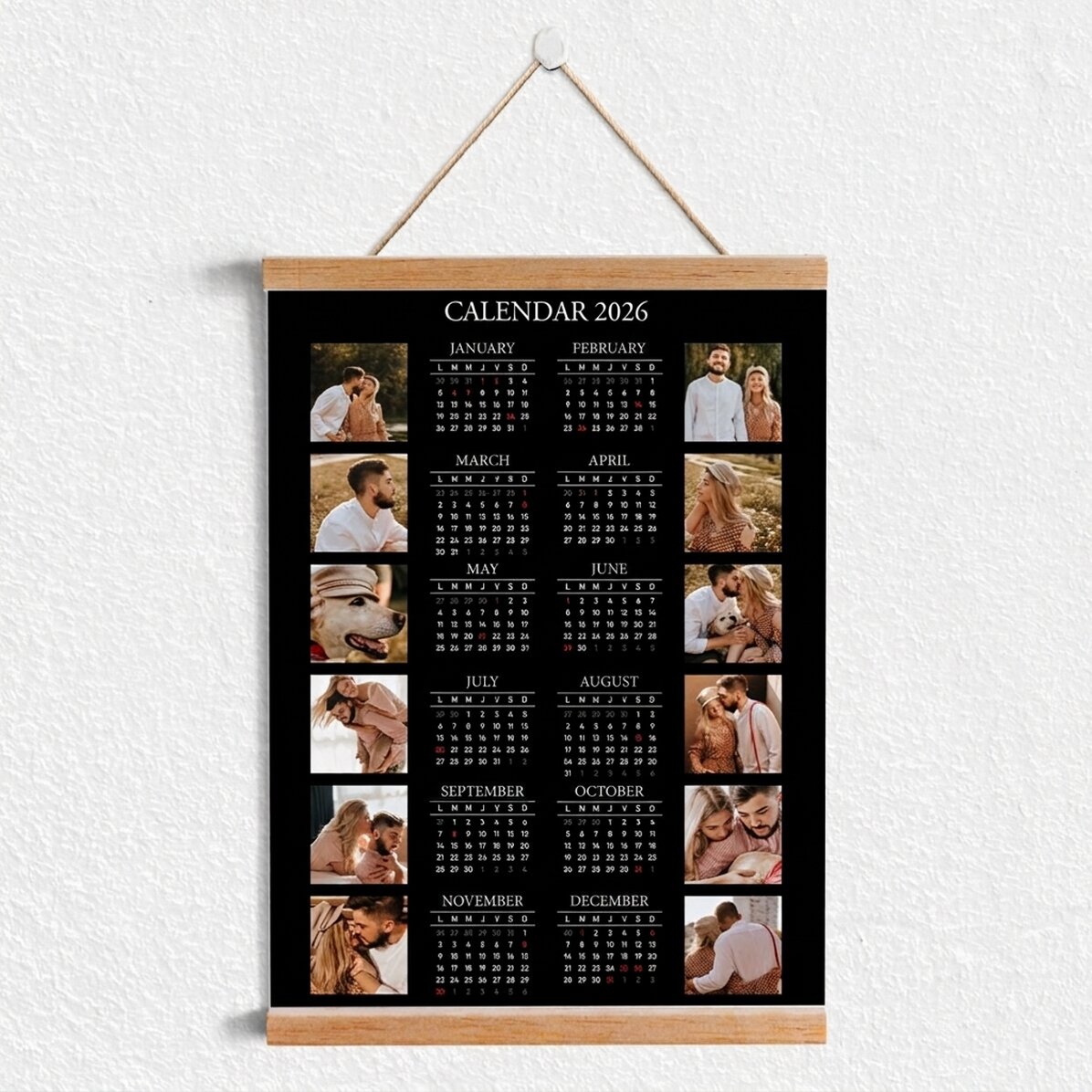 Personalised calendar poster with hangers, featuring 12 photos and text