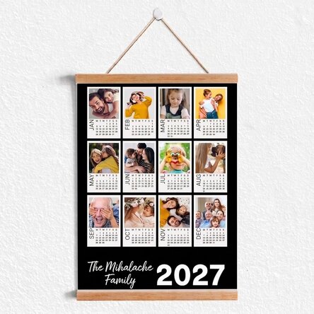 Personalised calendar poster with hangers, featuring 12 Polaroid photos and a colourful background