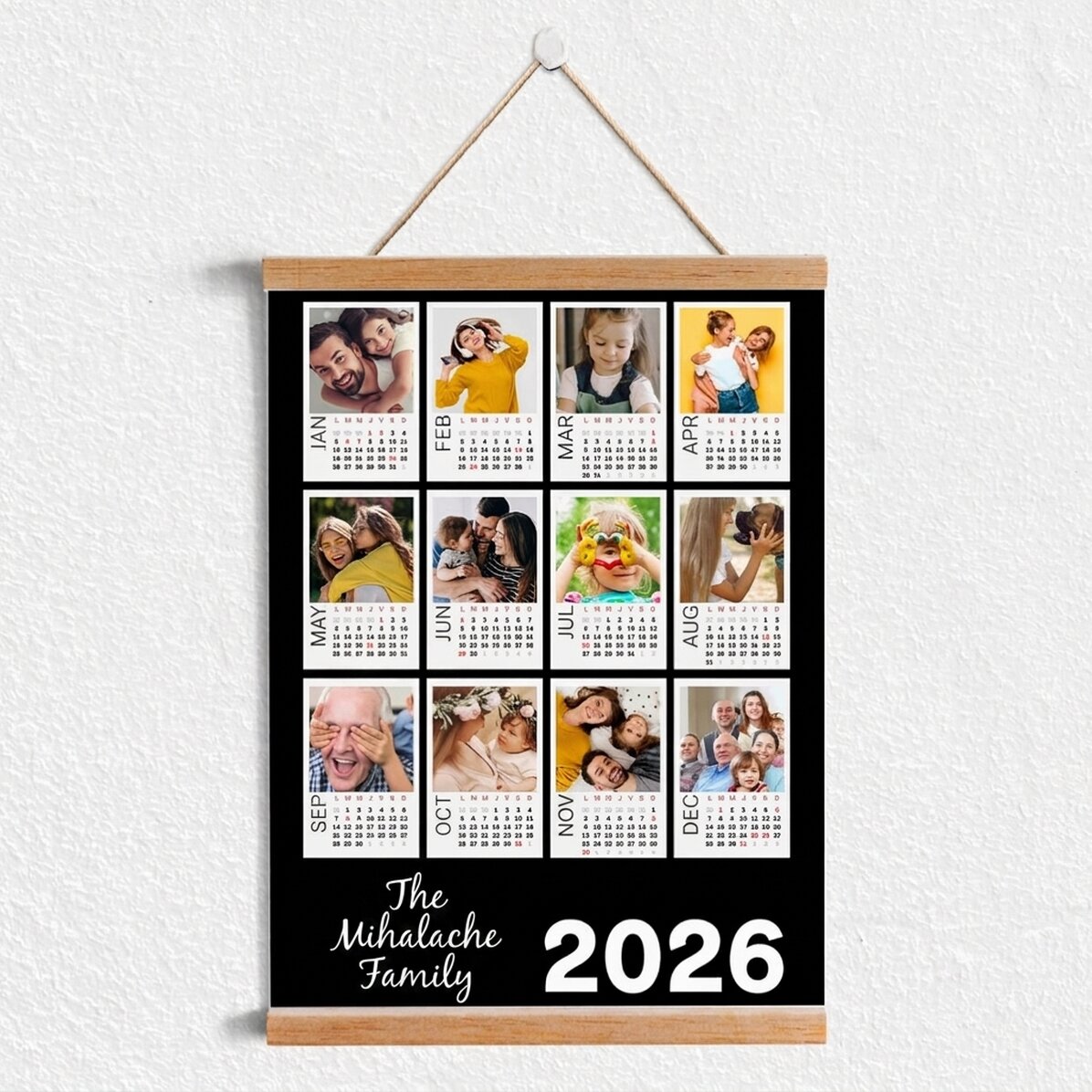 Personalised calendar poster with hangers, featuring 12 Polaroid photos and a colourful background