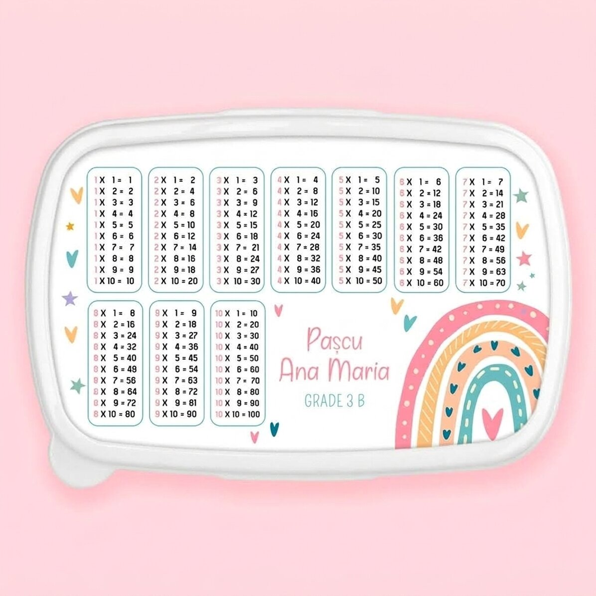 Lunch box, personalised with name and multiplication table - Rainbow