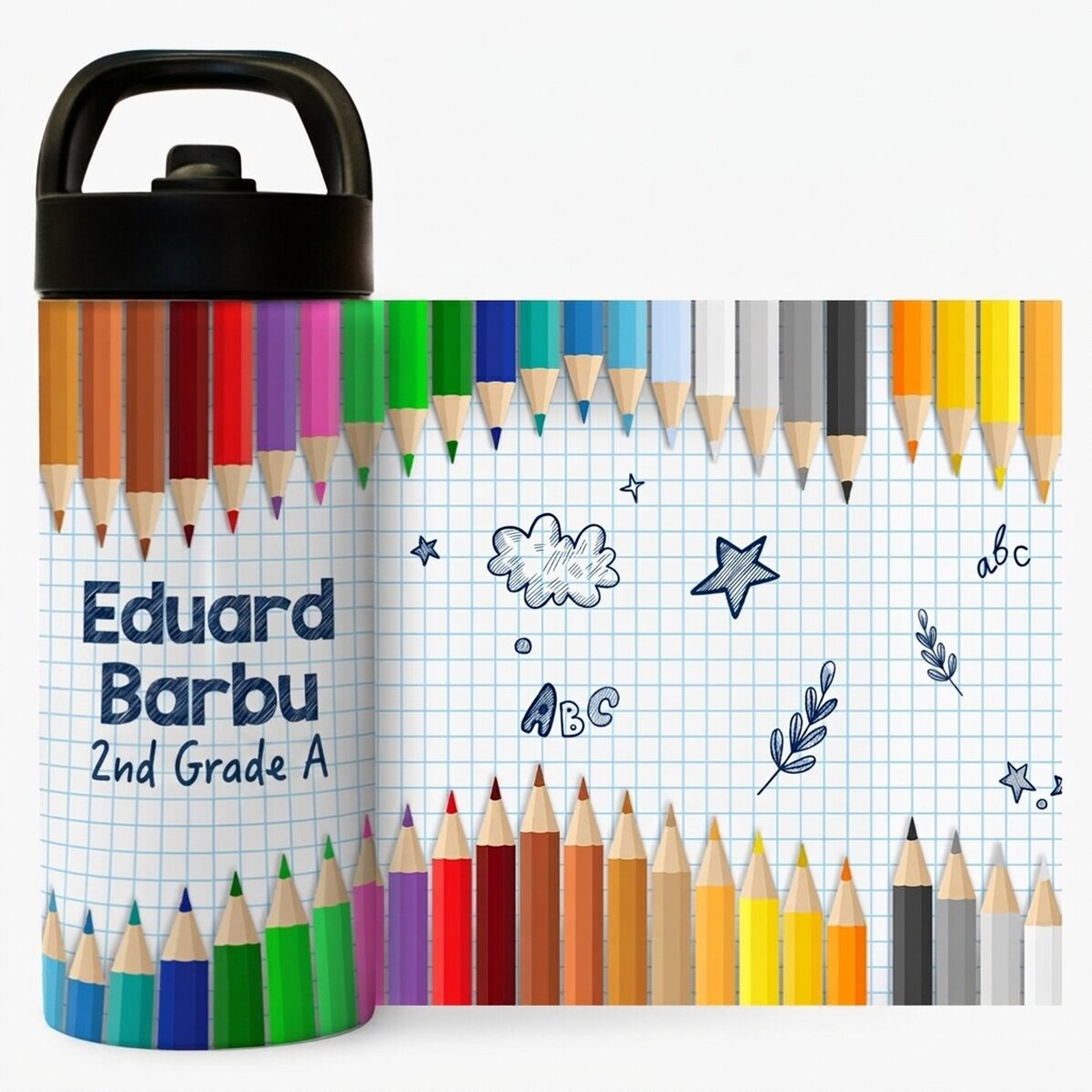 Thermos with handle and straw personalised with name - Coloured pencils