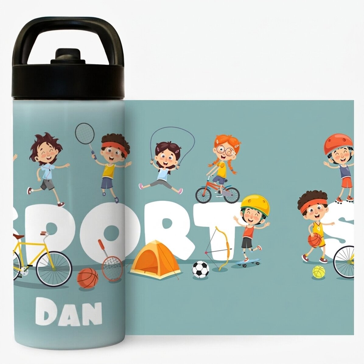 Thermos with handle and straw personalised with name for children - Sport