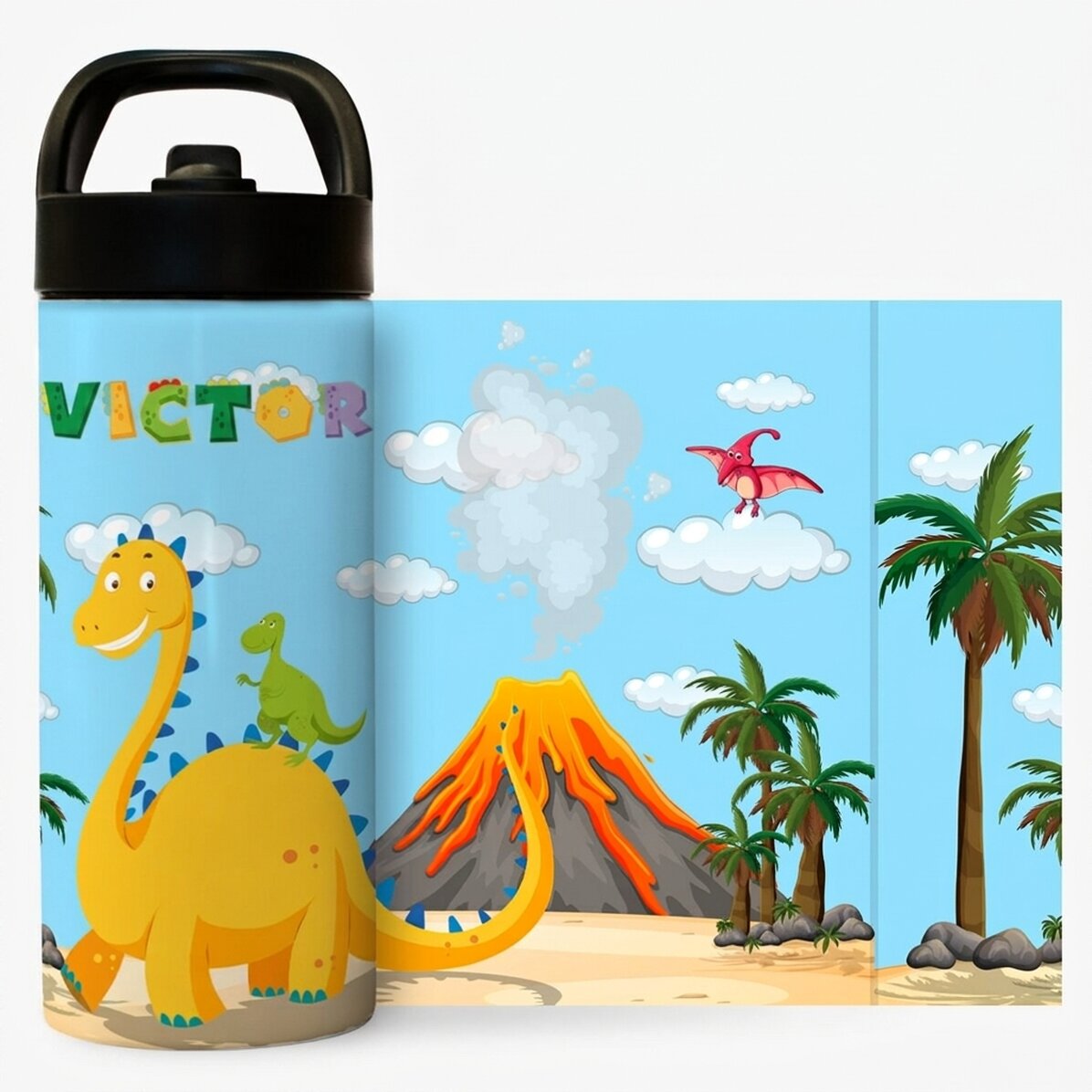 Thermos with handle and straw personalised with name for children - Dino