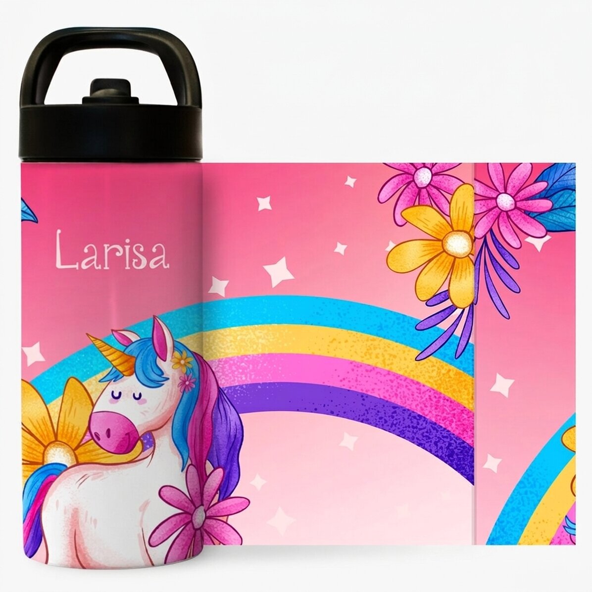 Thermos with handle and straw personalised with name for children - Unicorn