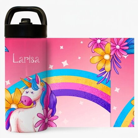 Thermos with handle and straw personalised with name for children - Unicorn