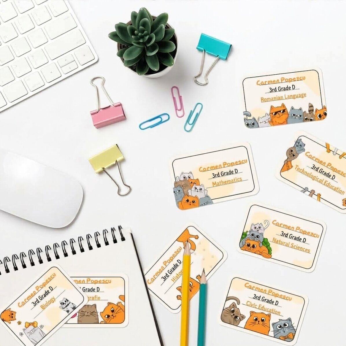 Set of 8 customised stickers (self-adhesive labels) for school with text - Kittens