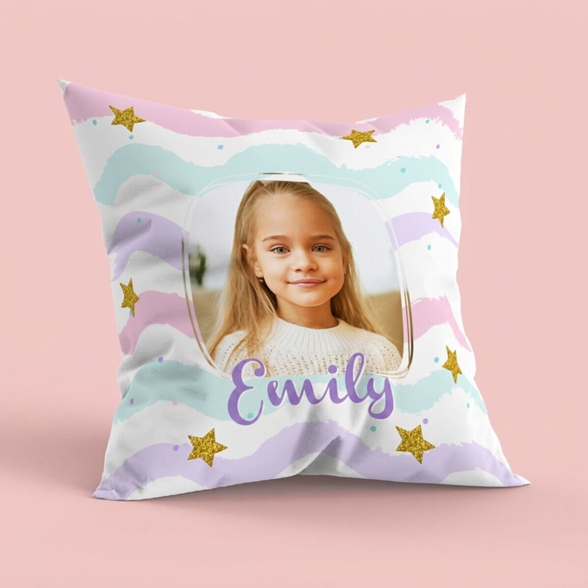 Personalised cushion with name and photo, large size - Rainbow