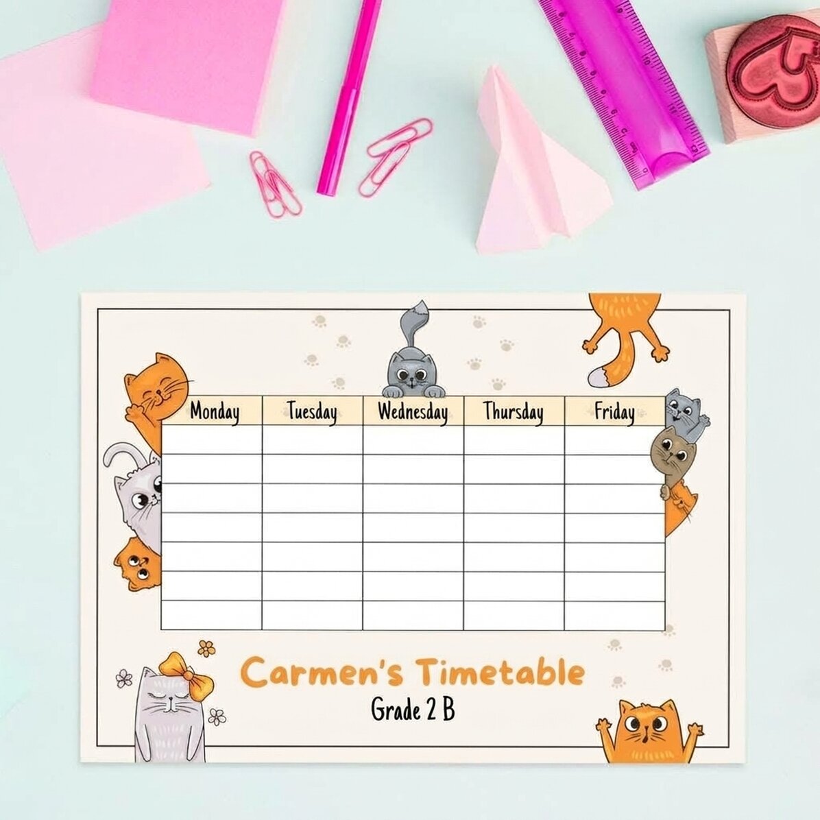 Personalised timetable with text - Kittens
