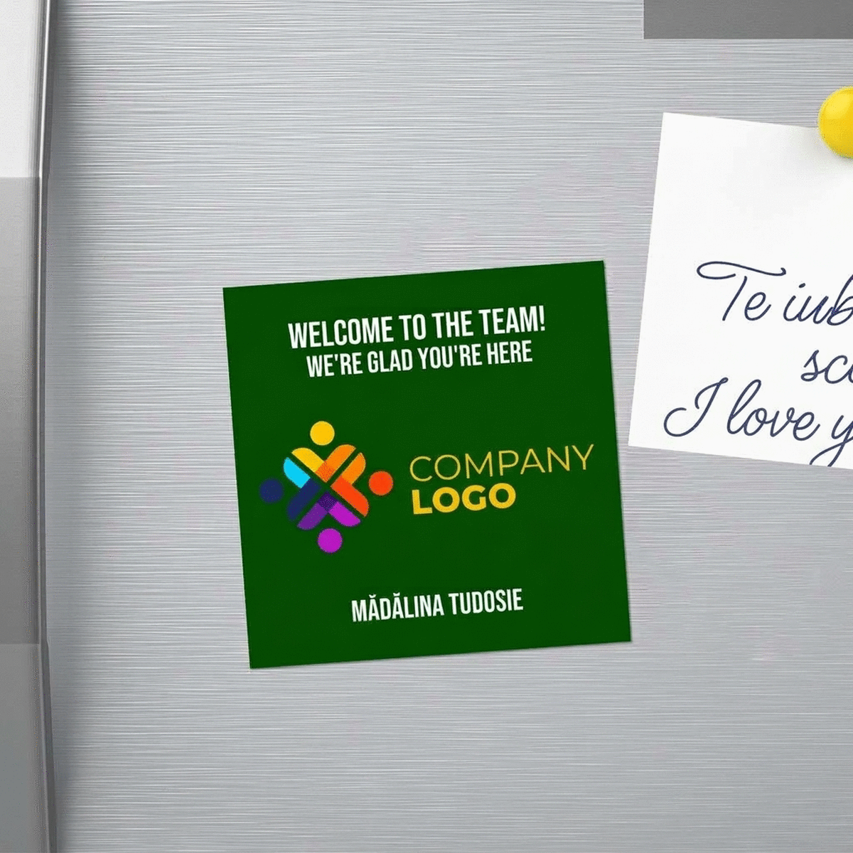 10x10 magnet customised with logo and text - Welcome