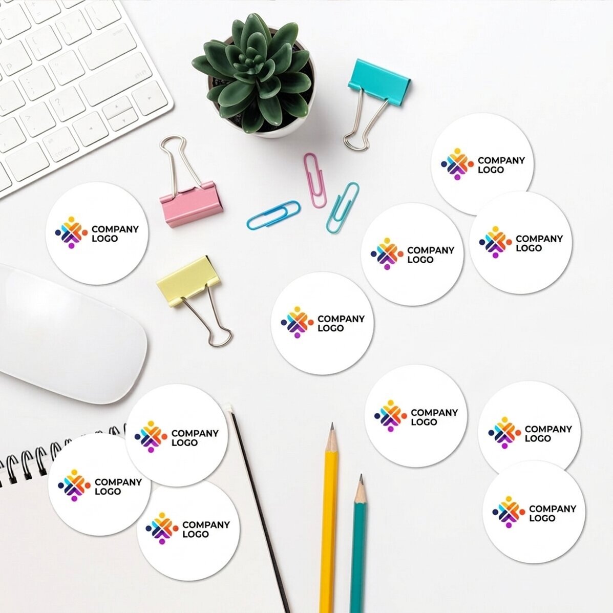 Set of 12 round stickers (self-adhesive labels), diameter 5 cm, customised with logo
