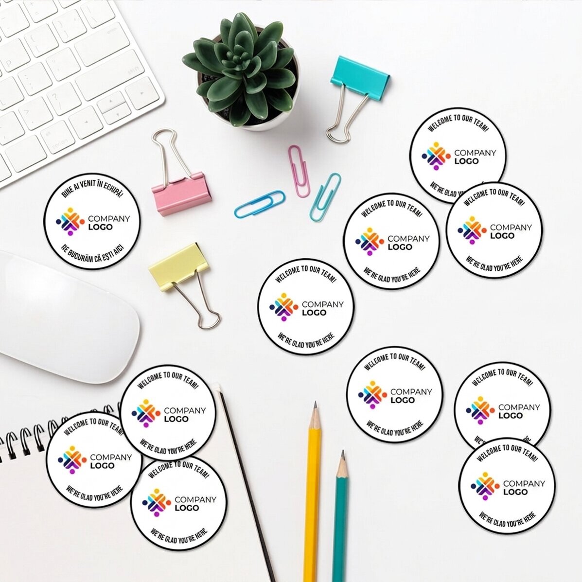 Set of 12 round stickers (self-adhesive labels), diameter 5 cm, customised with logo and text
