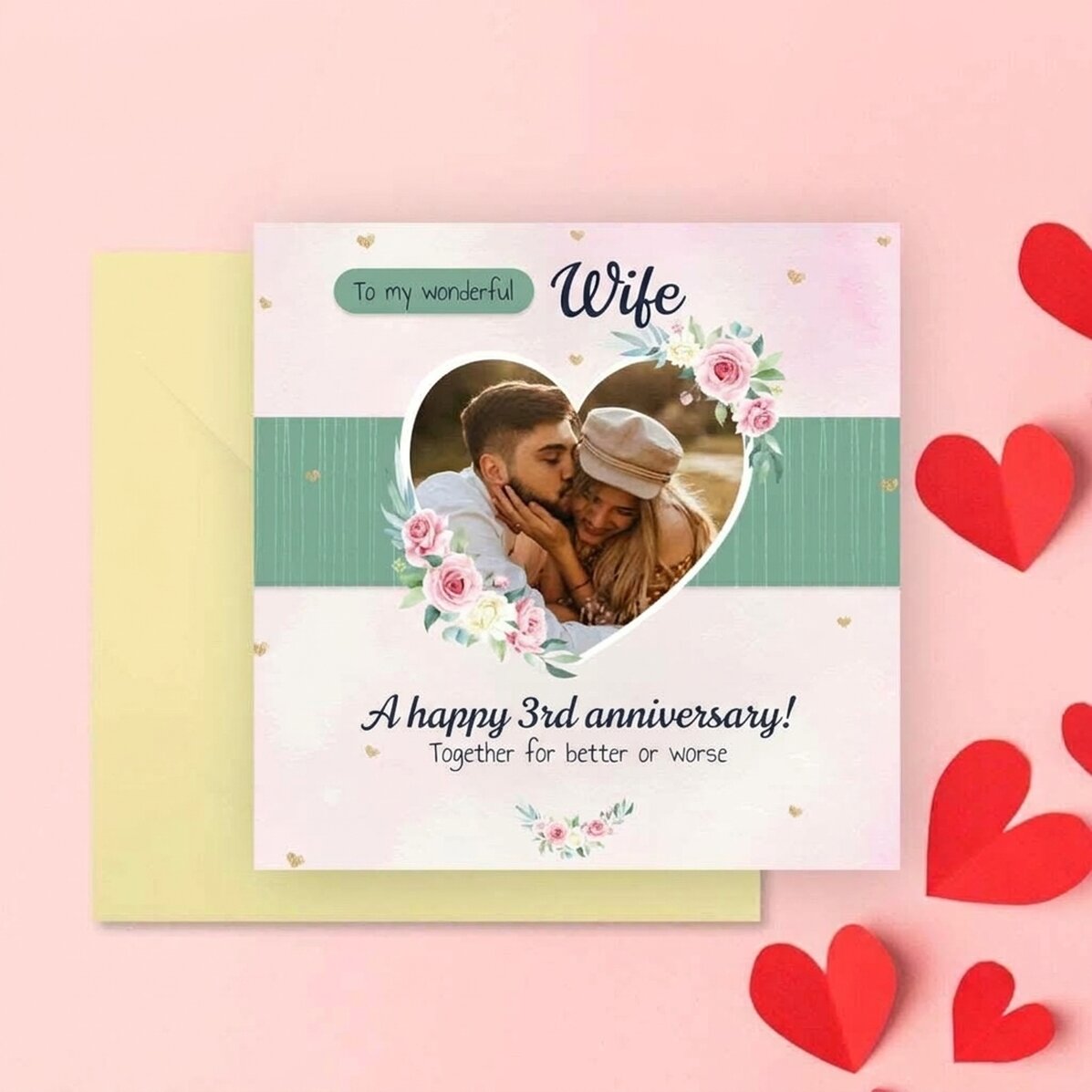 Personalised square card with message - Hearts & Roses