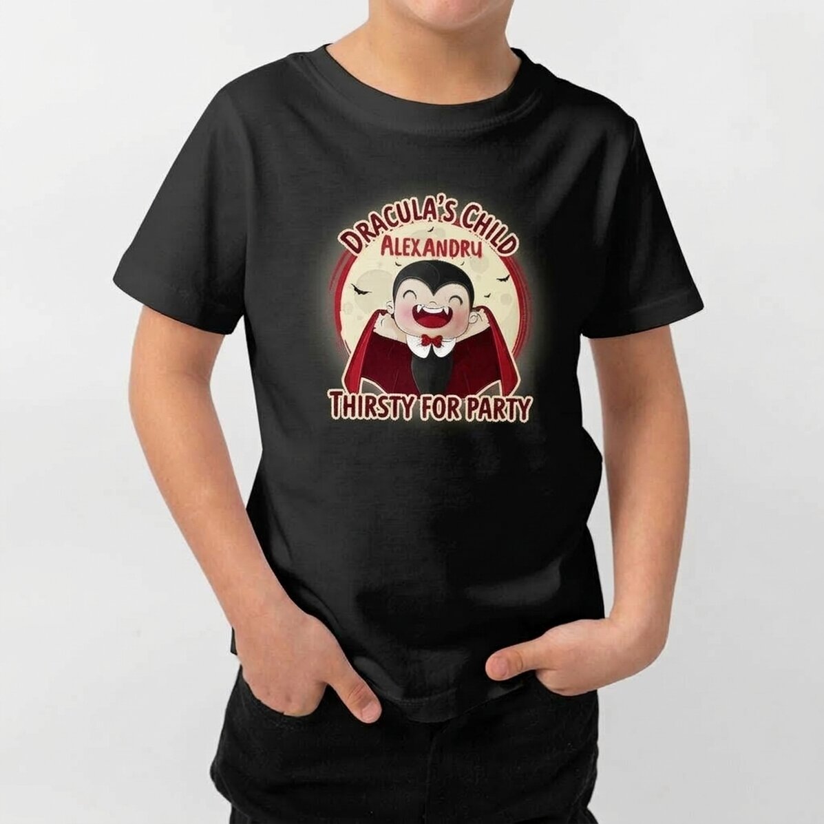 Customised Halloween cotton T-shirt for children with text - Dracula