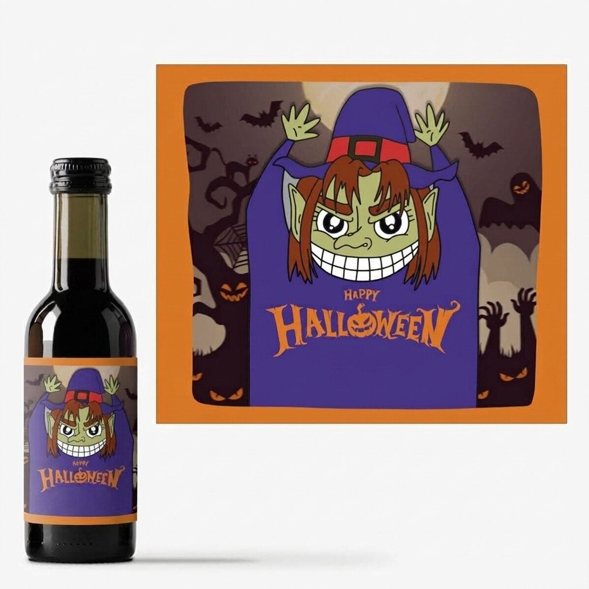 Mini wine bottle personalised with text - Happy Halloween Witch