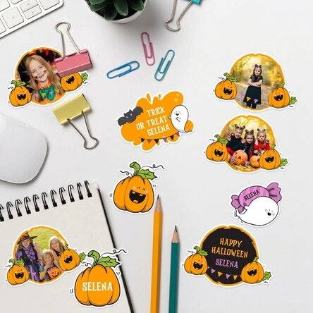 Set of customised stickers (self-adhesive labels) with pictures and text - Halloween Pumpkins
