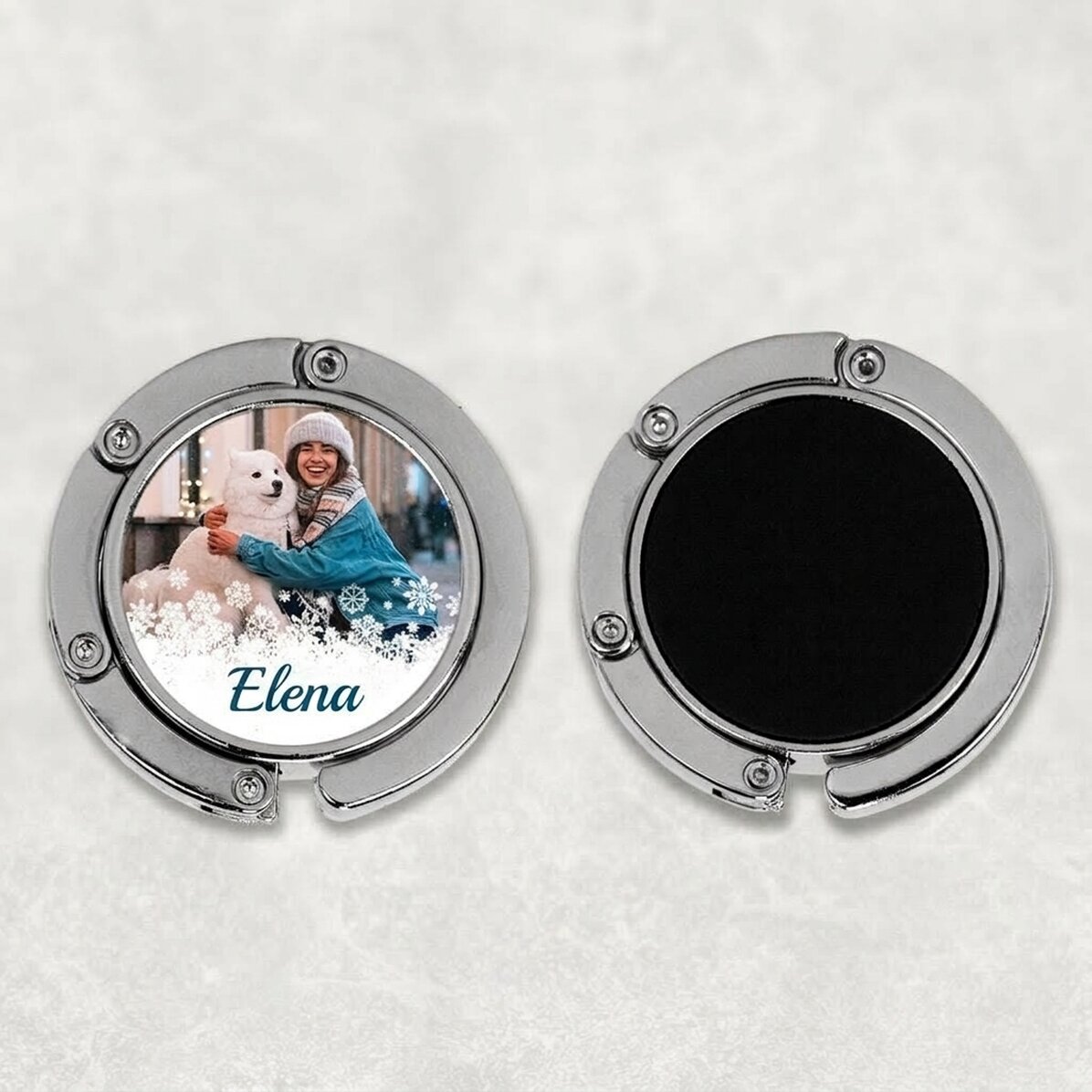 Personalised table bag holder with a photo and name - Snowflakes