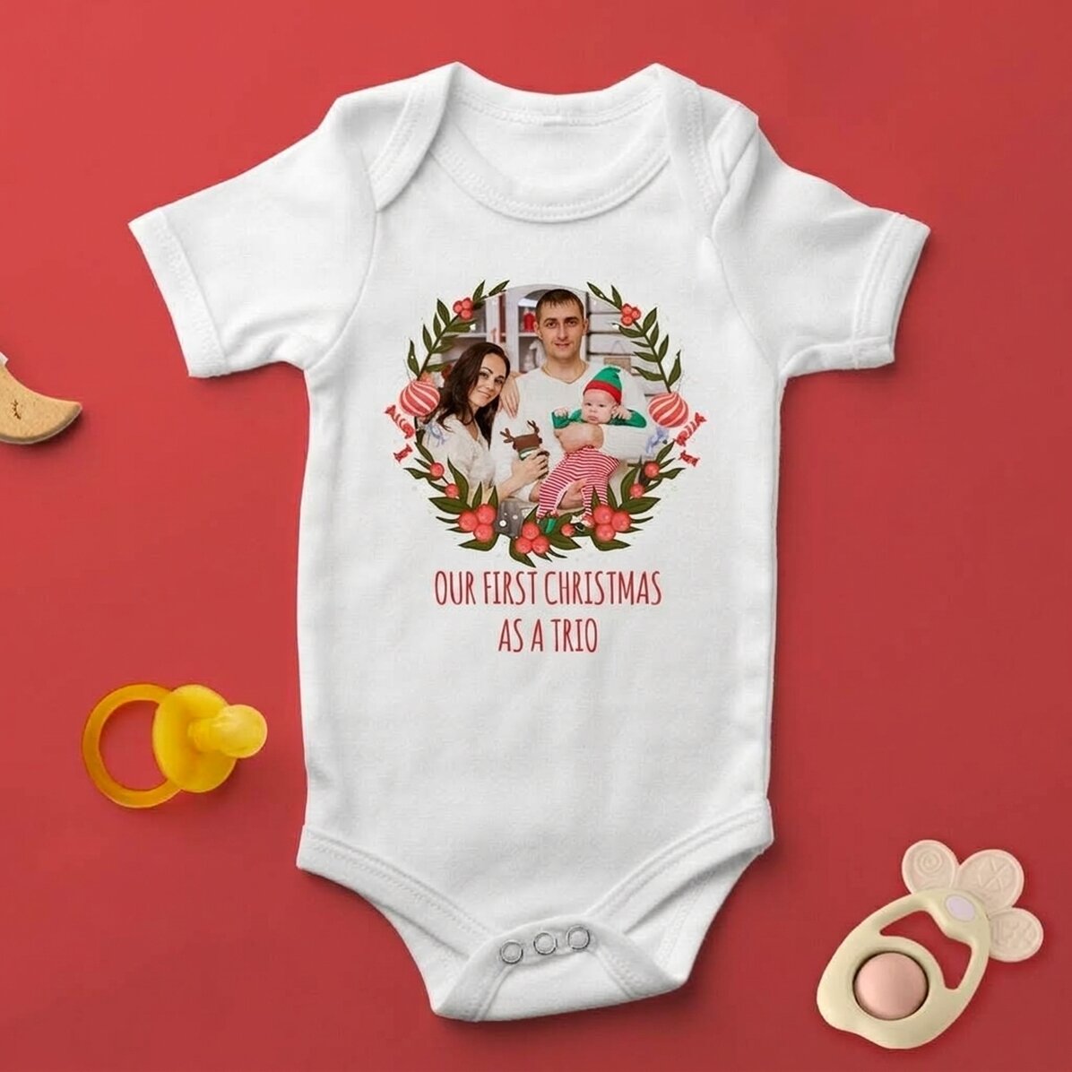 Personalised baby bodysuit with photo and text - First Christmas